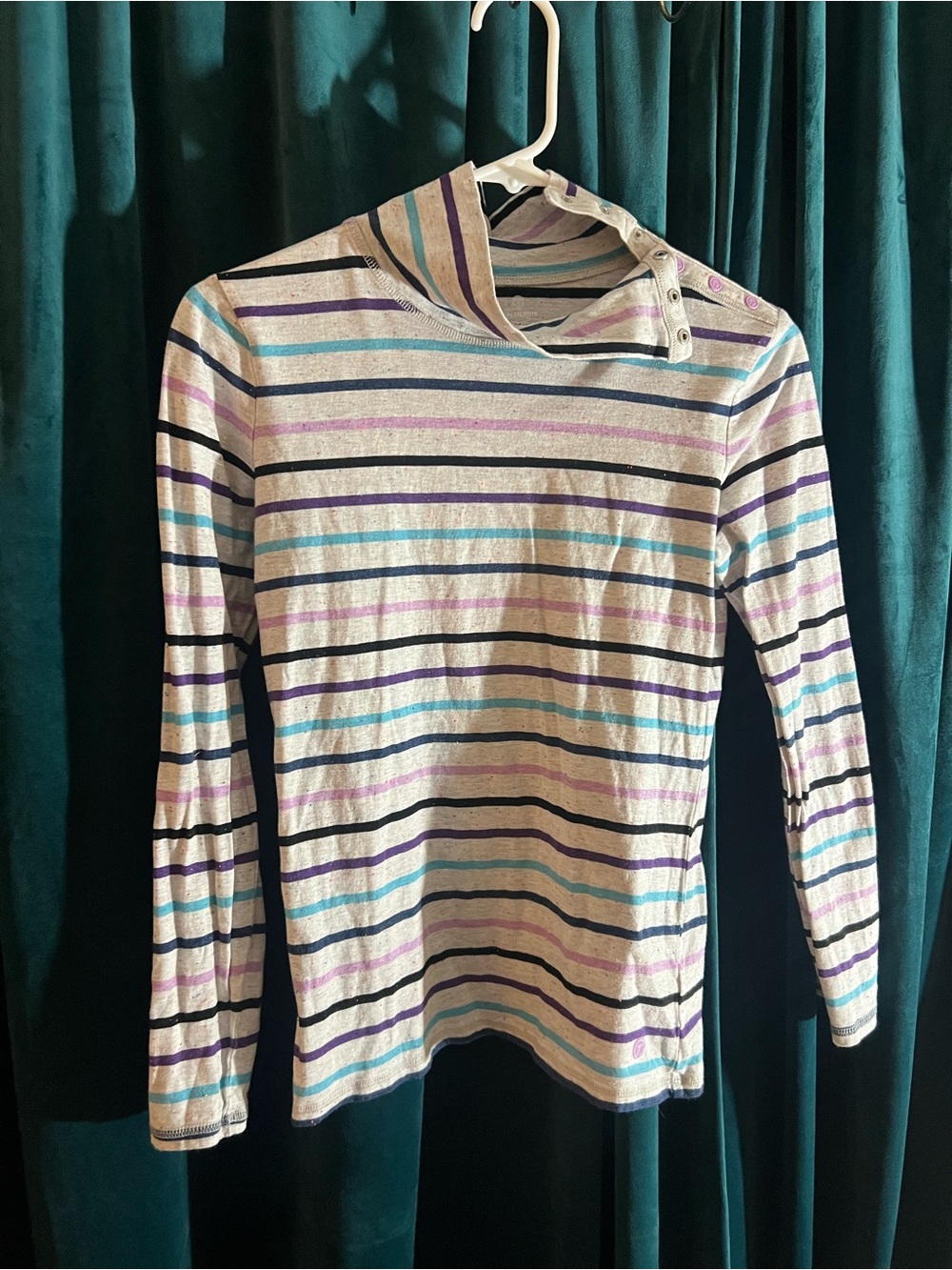 Talbots Striped Henley Top in Cream, Blue & Purple with Multicolor Speckles